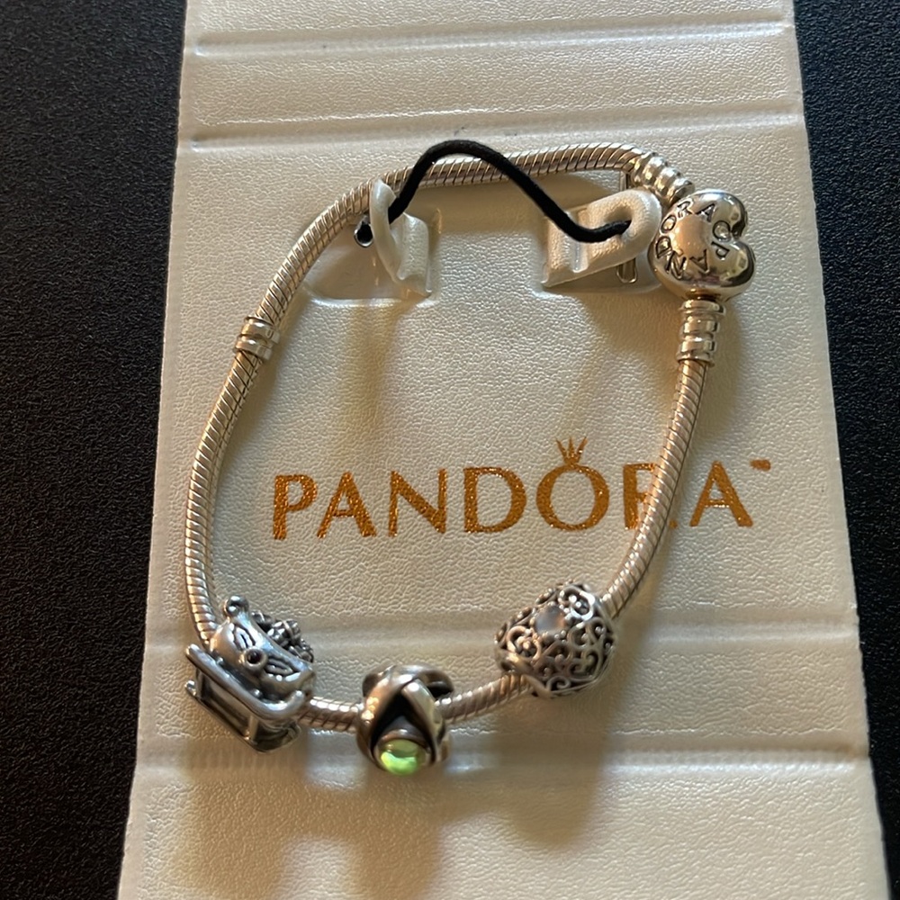 Pandora Moments Heart Clasp Snake Chain Bracelet w/3 Pandora Charms 925 & Gems